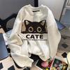 Women's Solid Color Loose Hoodies Round Neck Casual Long Sleeves Sweatshirts Pullover Cat Cartoon Printed Fall Clothing For Laidies