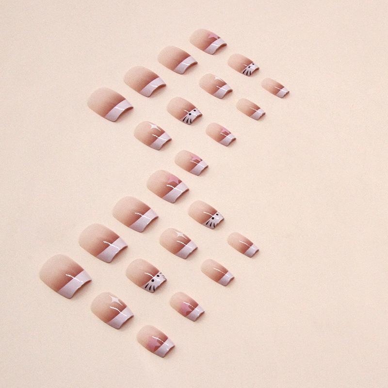 24 Pieces Pink French Cute Gradual Change Cat Manicure Short Ballet Nail Niche Sweet Girl Fake Nails