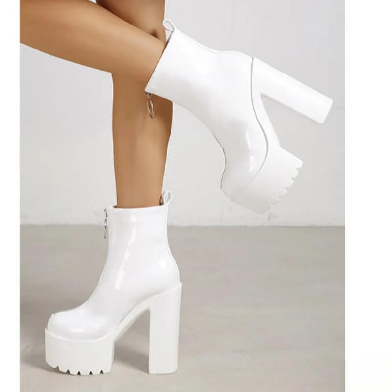 Осенние женские ботильоны на высоком каблуке в стиле Ins 2024 года, новые модные ботильоны из искусственной кожи с застежкой-молнией, однотонные, на толстой подошве, Botas Mujer