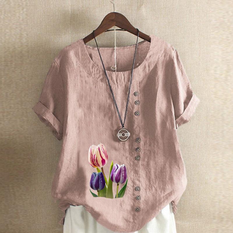 Women's Fashion Round Neck Short Sleeve T-shirt Casual Cotton Linen Graphic Shirt Tulips Prined Summer Blouse Tops