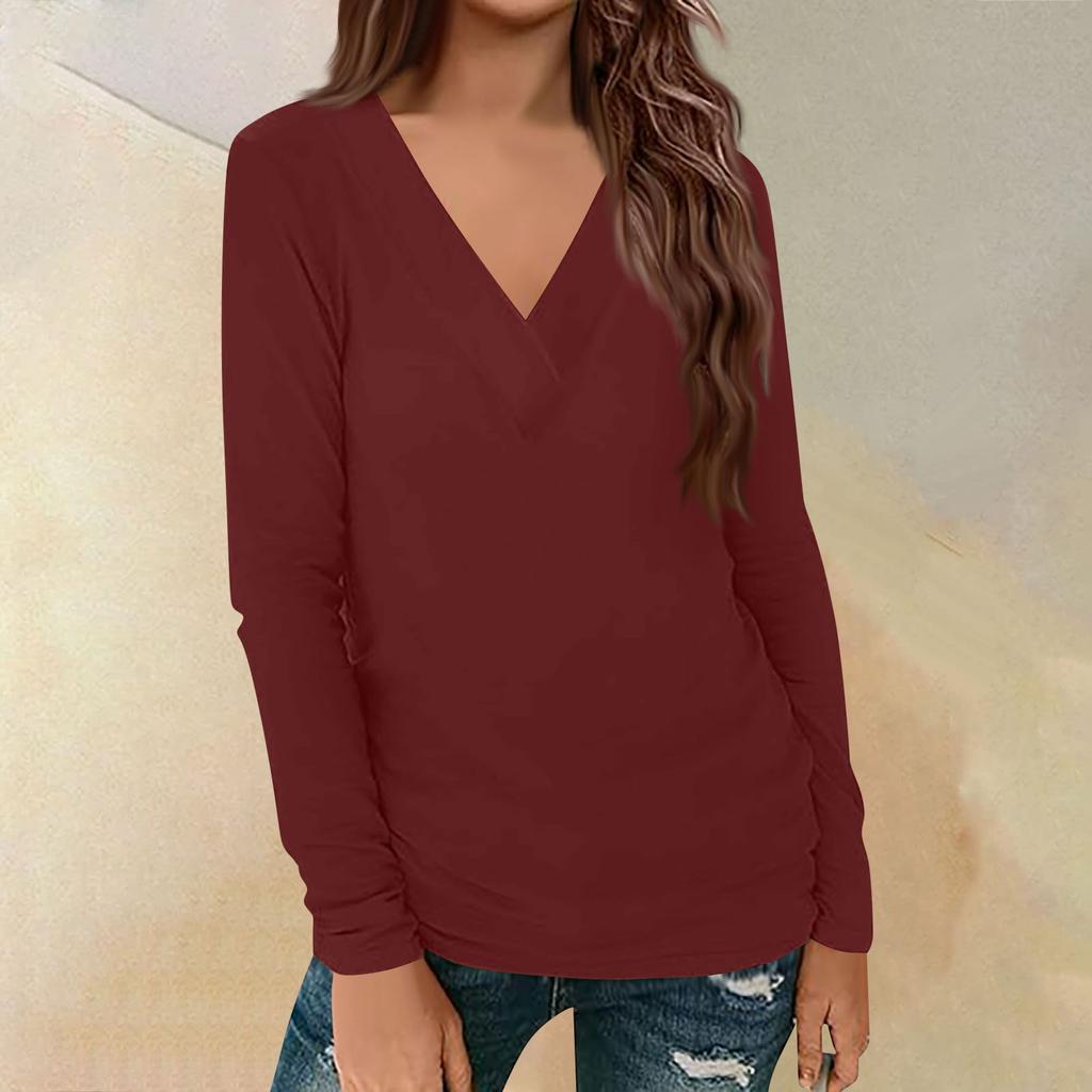 Женский повседневный однотонный принтованный длинный рукав свободный пуловер с V-образным вырезом