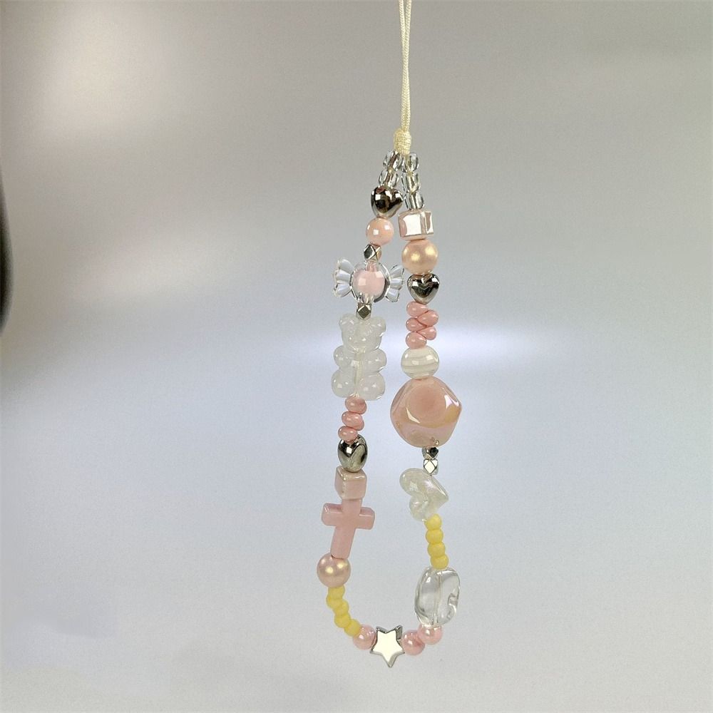 Y2K Silver Phone Lanyard Clear Star Beads Phone Chain Cell Phone Strap Bracelet Keychain