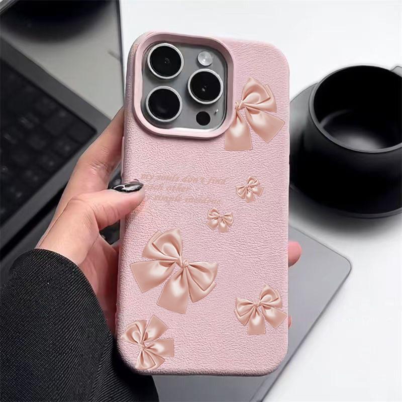 Pink Bowknot Print Soft Matte Case For iPhone 16 Pro Max 15 Pro 14 13 12 11 Solid Color Shockproof TPU Leather Texture Slim Phone Cover