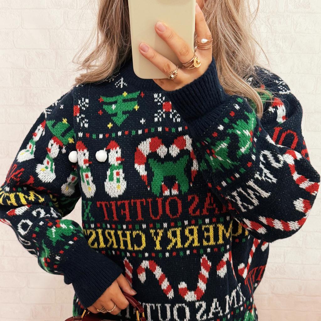 Women's Fashionable Long Sleeved Christmas Pullover Round Neck Casual Sweater Top