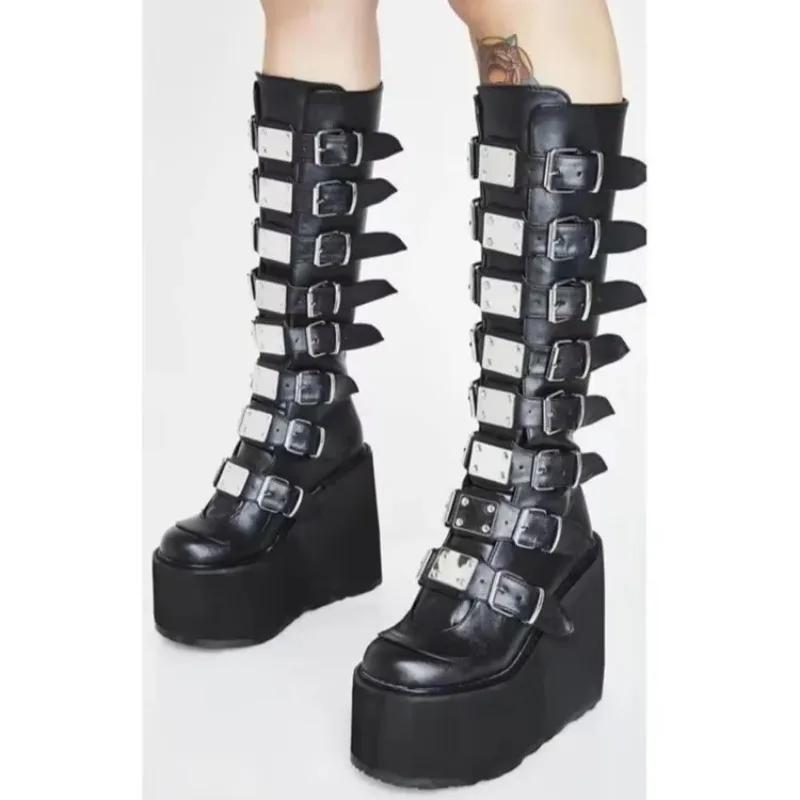 Fashion Women Boots Plus Size Platform Thick Heel Boots Women Punk Gothic Black Buckle Shoes Woman 2024 Fashion Women's Boots Outdoor