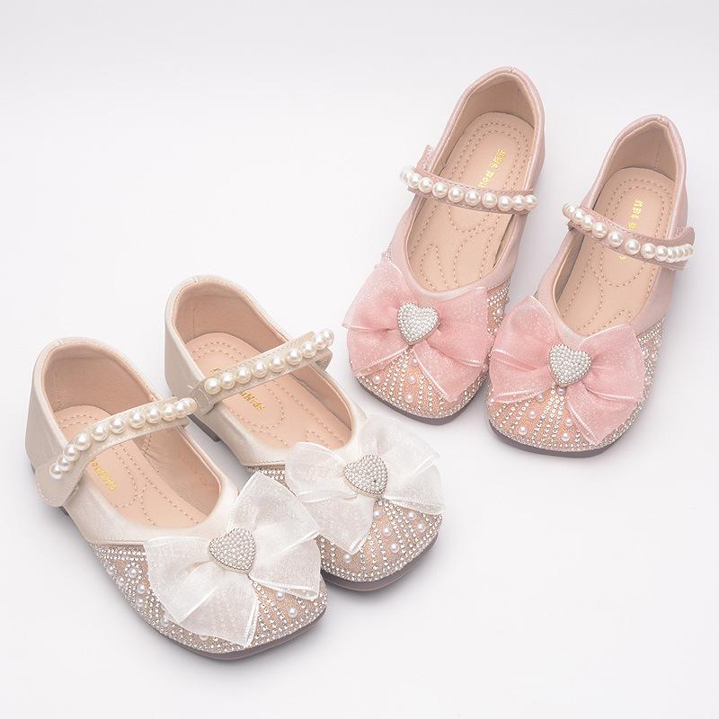 Girls' Small Leather Shoes, New Spring and Autumn Children's Soft Sole Crystal Princess Shoes, Little Girls' Rhinestone Bowknot Pearl Shoes