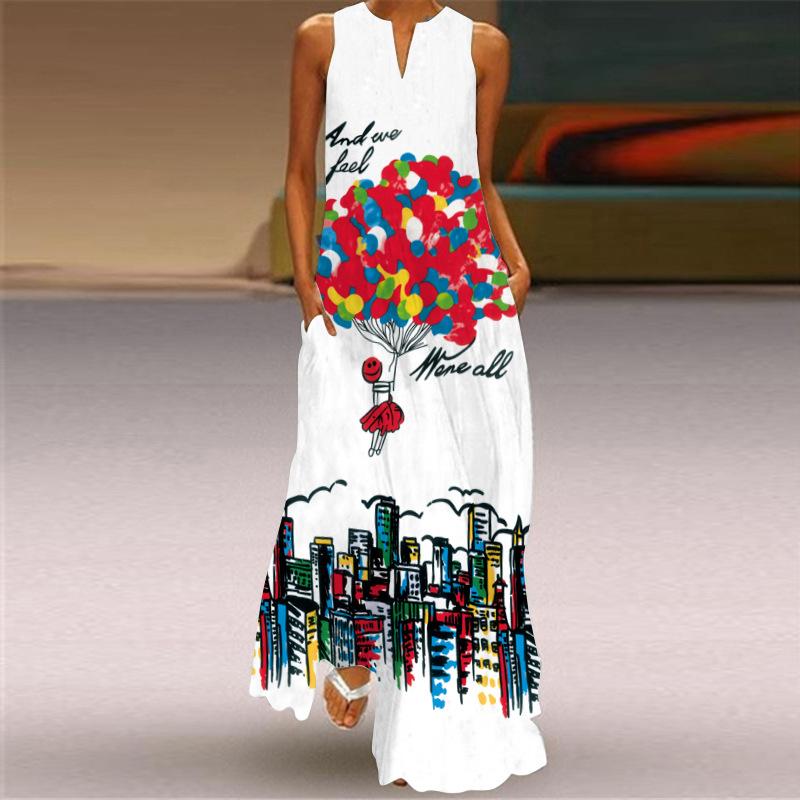 2026 summer women's fashion and sexy digital printing long dress V-neck sleeveless pocket European and American dress S-5XL