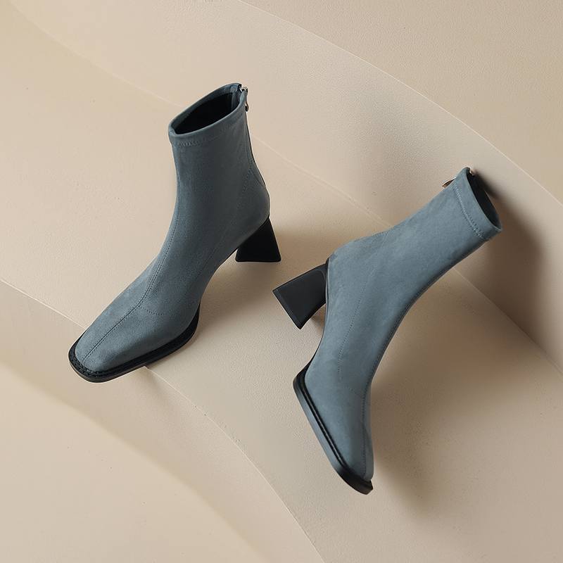 Krazing Pot Зимние эластичные ботинки из флока с квадратным носком на толстом высоком каблуке и молнии, женские ботильоны из натуральной кожи Stovepipe