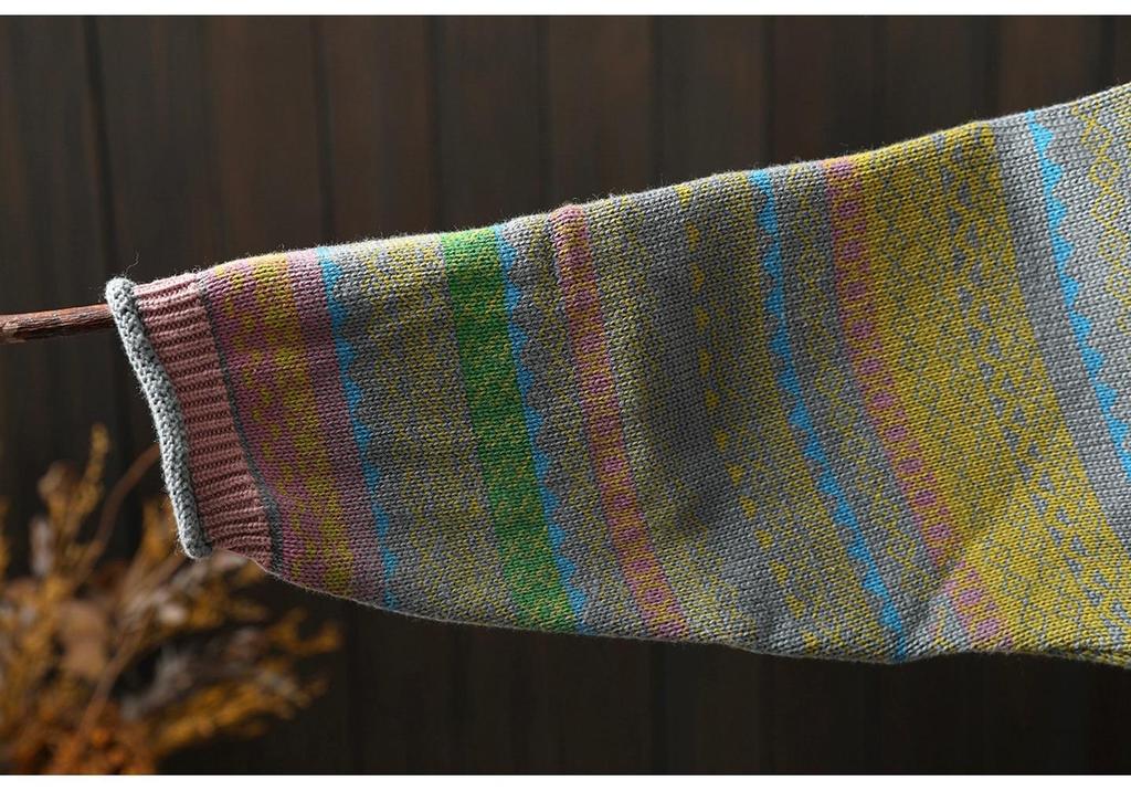 Winter Women's Colorful Striped Oversized Knit Sweater with Half-High Collar