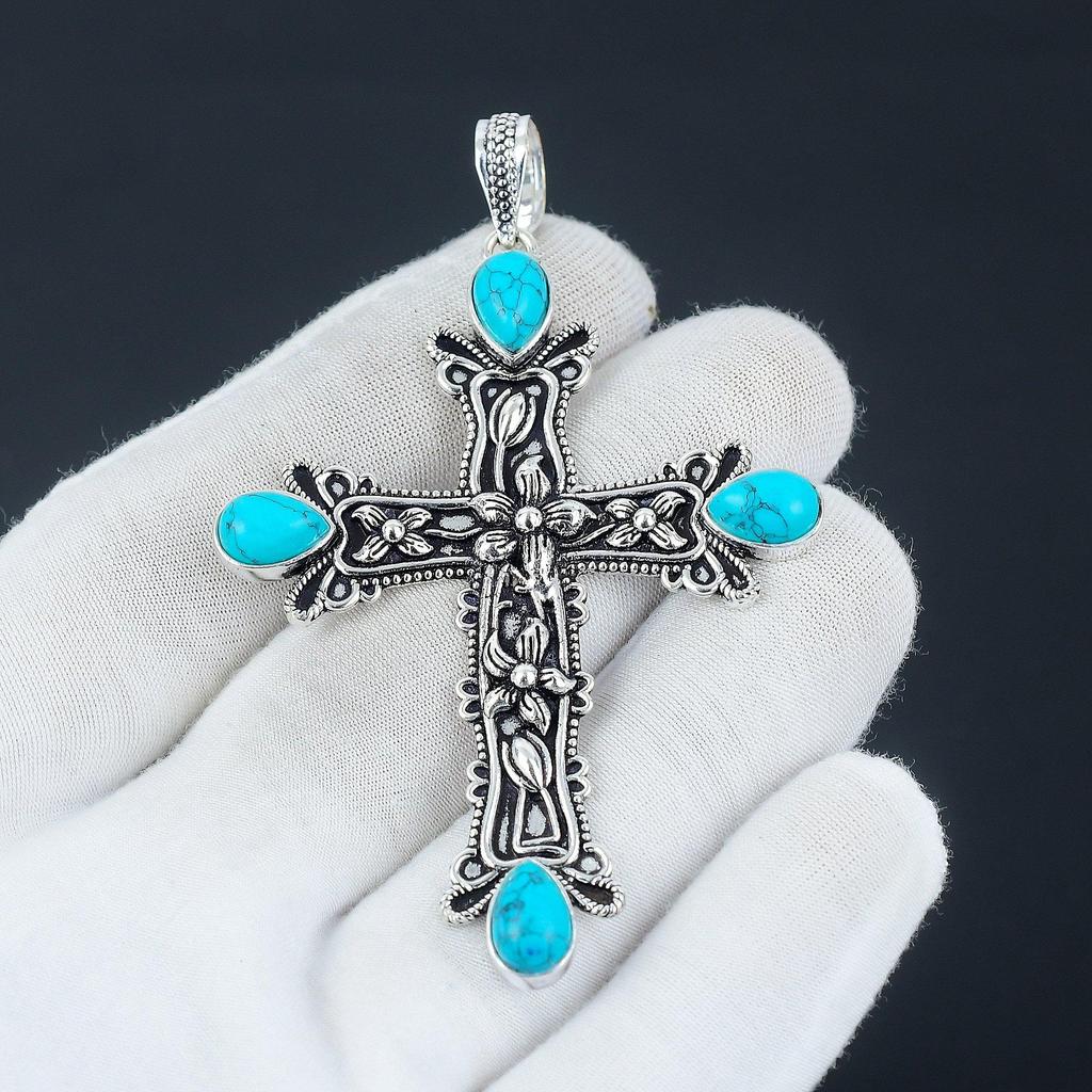 Кулон с бирюзовым драгоценным камнем Бирюзовый натуральный драгоценный камень Ручная работа Подвеска-крест из стерлингового серебра 925 пробы для подарков Подвеска для нее, женские украшения