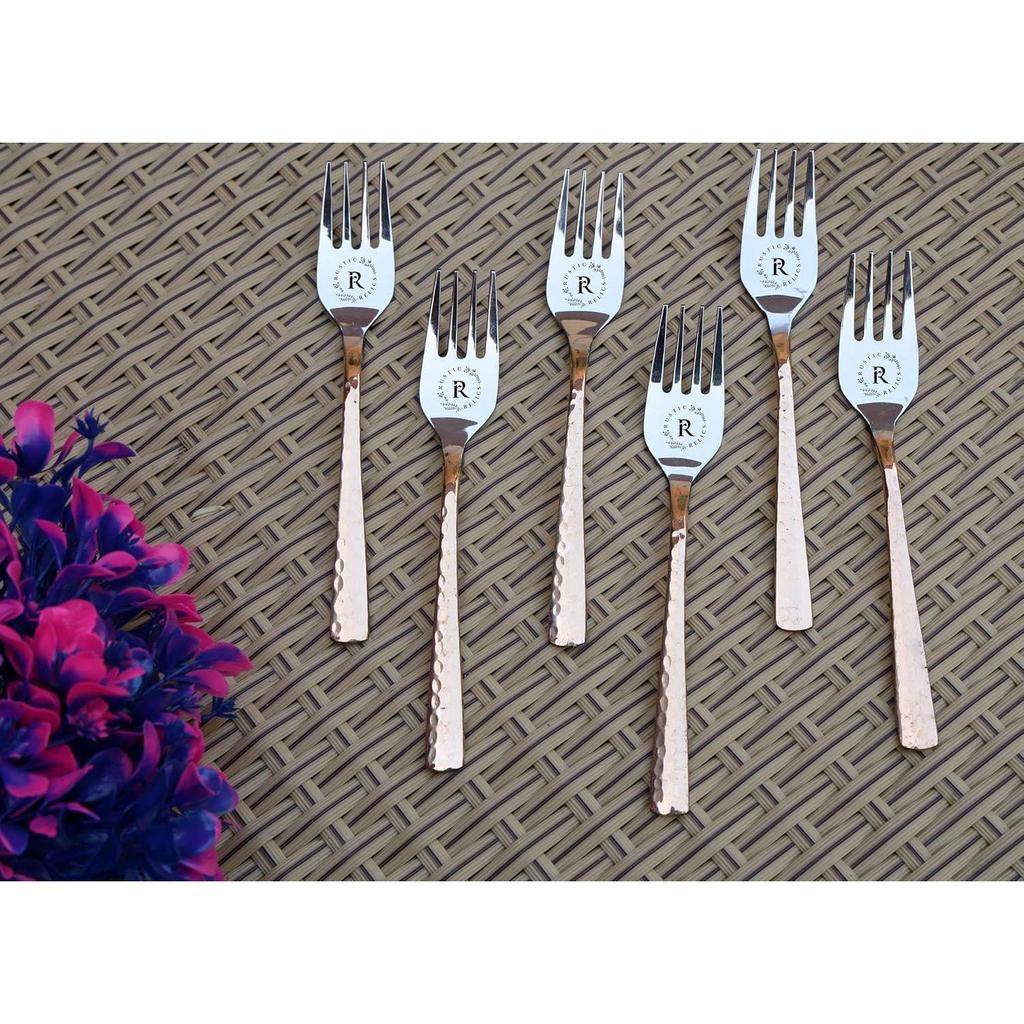 Set of 6 Copper Forks | Premium Handcrafted Flatware for Fine Dining | Rustic Copper Utensils