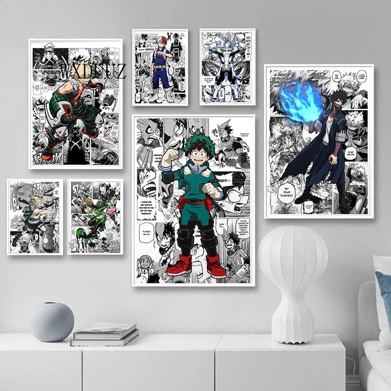Винтажный аниме-фигурка «Мой герой Академии», черно-белый постер Izuku/Shoto, настенное искусство Kawaii, домашний декор, холст, постеры