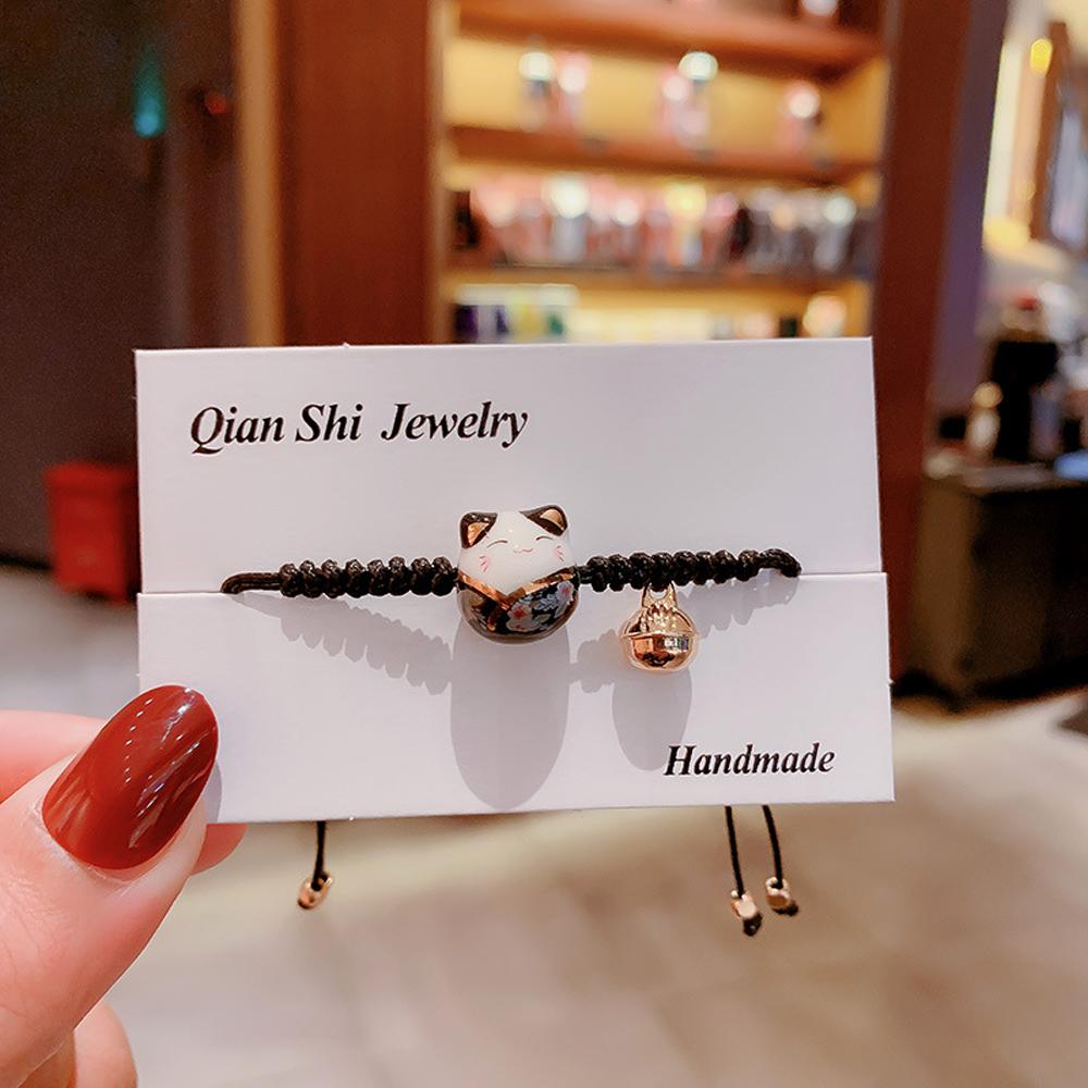 Регулируемый браслет ручной работы из красной плетеной веревки и ниток для женщин и девочек, керамический браслет с кулоном в виде кошки на удачу, ювелирные изделия в японском стиле