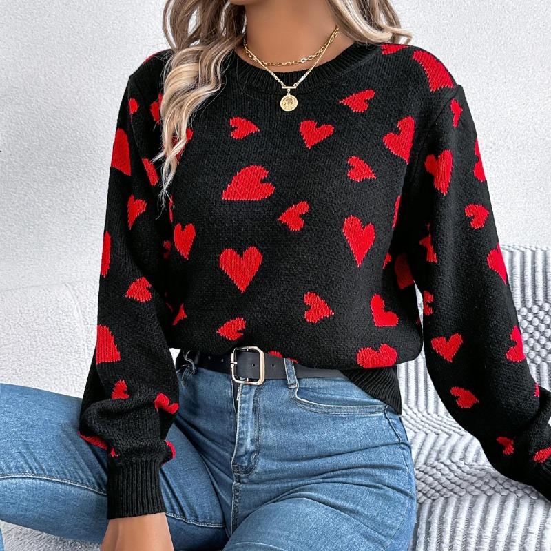 Women's Autumn and Winter Casual Round Neck Long Sleeve Knitted Sweater Clashing Color Love Lantern Sleeves