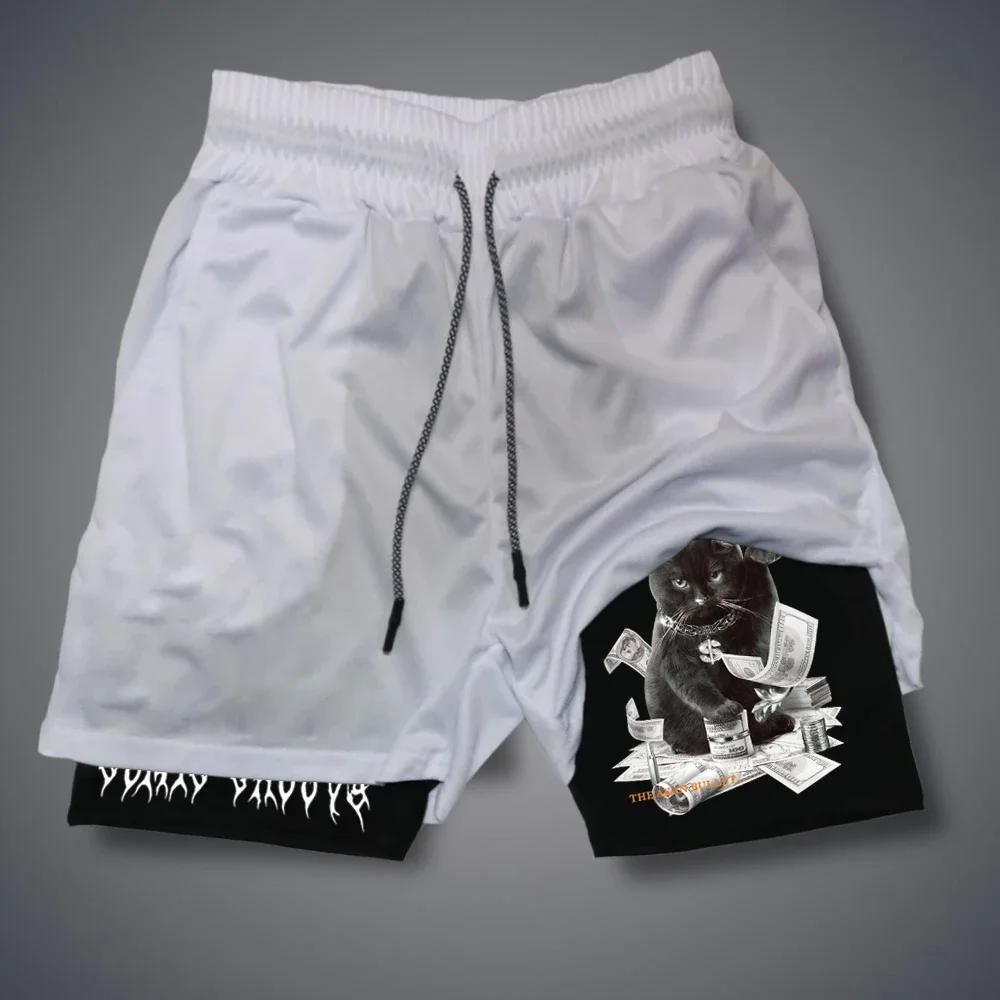 Men 2 In 1 Sports Shorts Gothic Pattern Short Pants Fitness Running Pant Sportswear Casual Shorts Summer Drawstring Jogging Pant