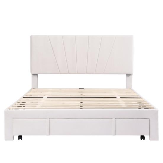 140x200cm Velvet Fabric Solid Wood Bed with Backrest Large Drawer Ergonomic Design Strong Wood Slat Support Bed Home Furniture