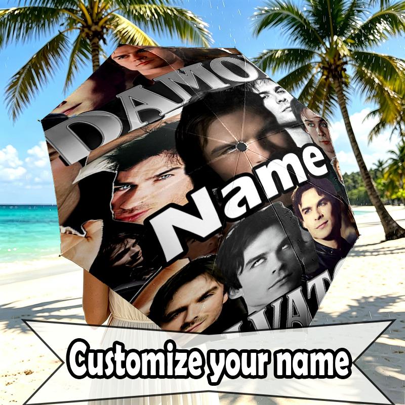 Custom Name Personalized Damon Salvatore Print Umbrella, Auto Open Close, 8‑Rib Sturdy Frame, Commute Camping Hiking Use, Birthday Gift