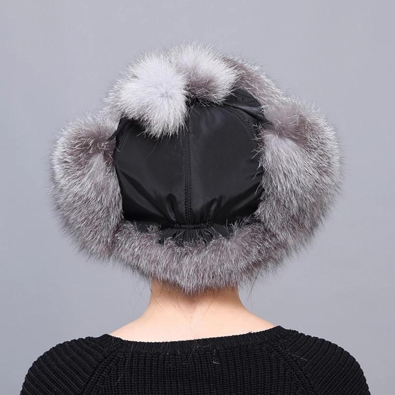Женская шапка из натурального лисьего меха с меховыми шариками, женские корейские зимние шапки из натурального меха енота, теплая шапка-бомбер для девочек с ушами на лыжах, велоспорте, снежная шапка-бомбер
