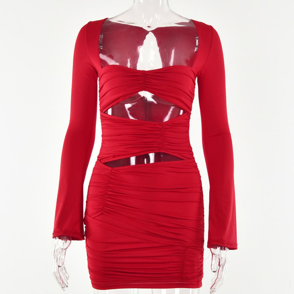 Женское осеннее элегантное вечернее платье для ночного клуба с длинным рукавом и вырезом, сексуальное мини-платье с рюшами