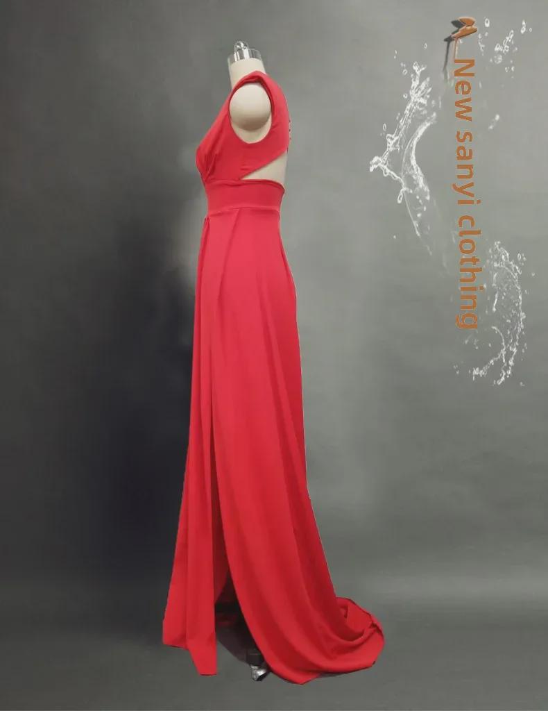 Вечернее платье Cross-Border 2024 года с оборками красного, черного и белого цвета и средней длиной талии