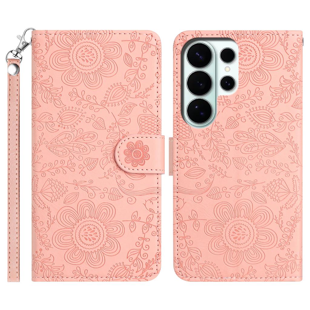 For Samsung Galaxy S26 Ultra Case Flower Imprint Leather Flip Wallet Phone Cover with Wrist Strap