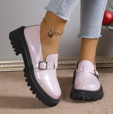 Мода 2024 Весна Модные Лазерные Лоферы для Женщин Платформа Металлическая Пряжка Плоские Туфли Женские Круглые Носки Слипоны Повседневная Обувь Zapatas Mujer