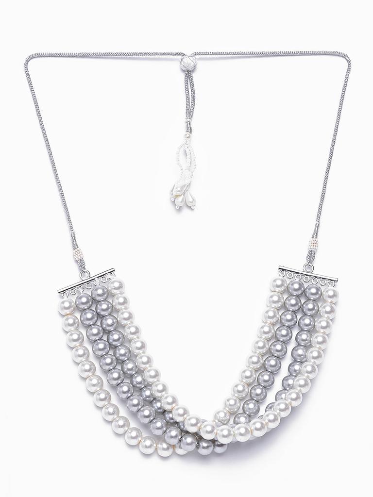 Estele Dreamy White and Silver Grey Four Line Pearl Necklace