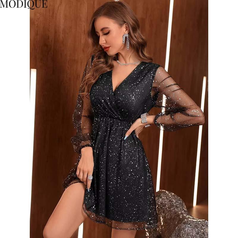 MODIQUE 2025 Summer New Ladies Sexy Elegant A-Line Sequin Mesh Long Sleeve Deep V-Neck Short Dress