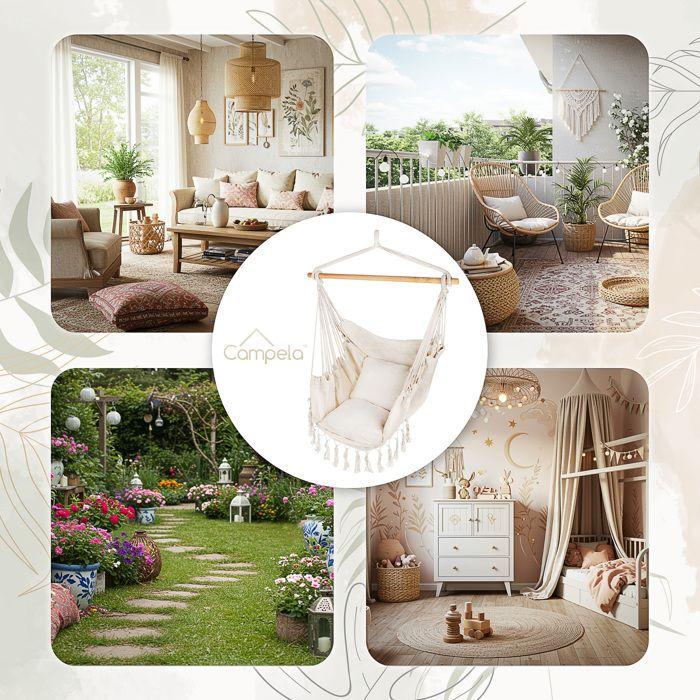 Campela Fauteuil Suspendu De Style Bohème,avec Coussin Et Sac De Transport, Beige, Pour Salon, D'enfant, Balcon, Terrasse, Jardin