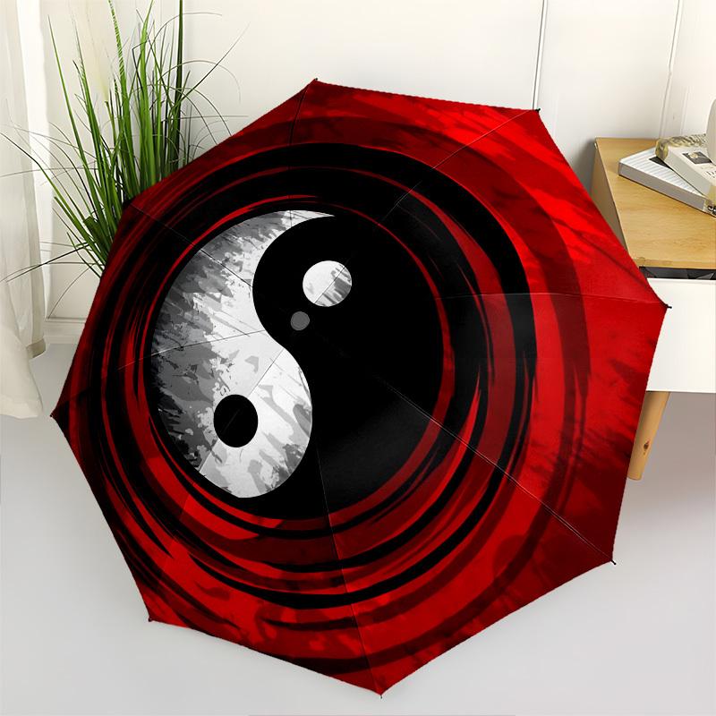 Yin Yang, Red Background Themed Automatic Opening and Closing Umbrella, Brightly Colored 8-rib Portable Umbrella, Suitable for Men and Women