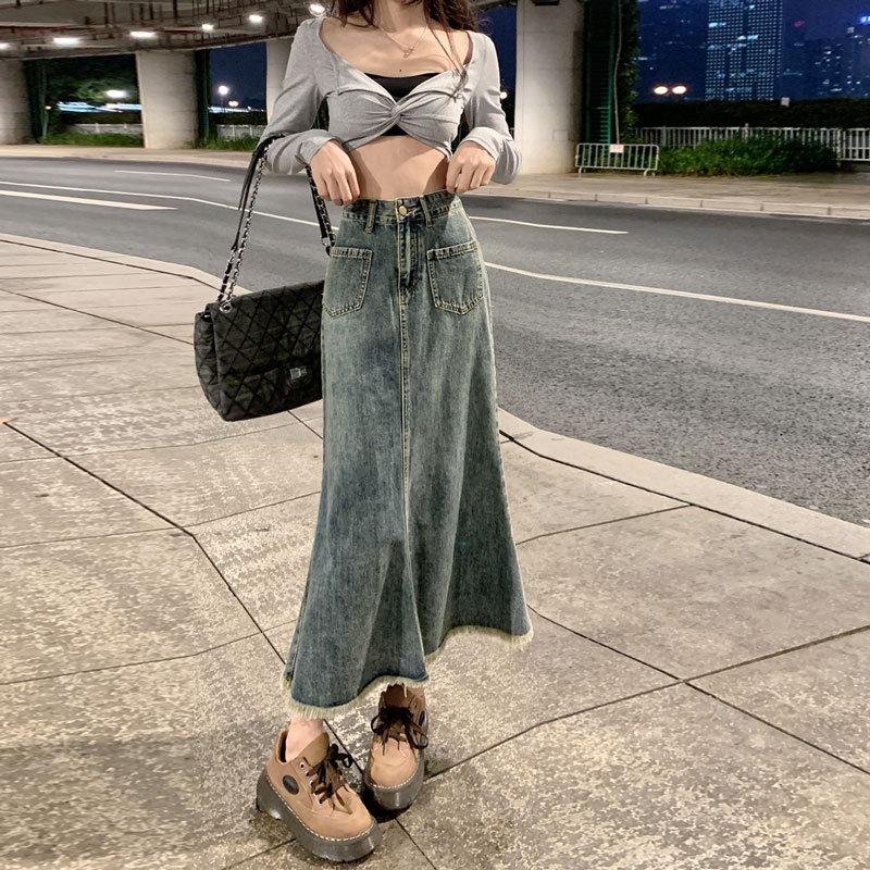 Элегантная женская летняя корейская юбка-трапеция с высокой талией, тонкая юбка-трапеция с необработанным краем, универсальная удобная модная джинсовая юбка-бюстье