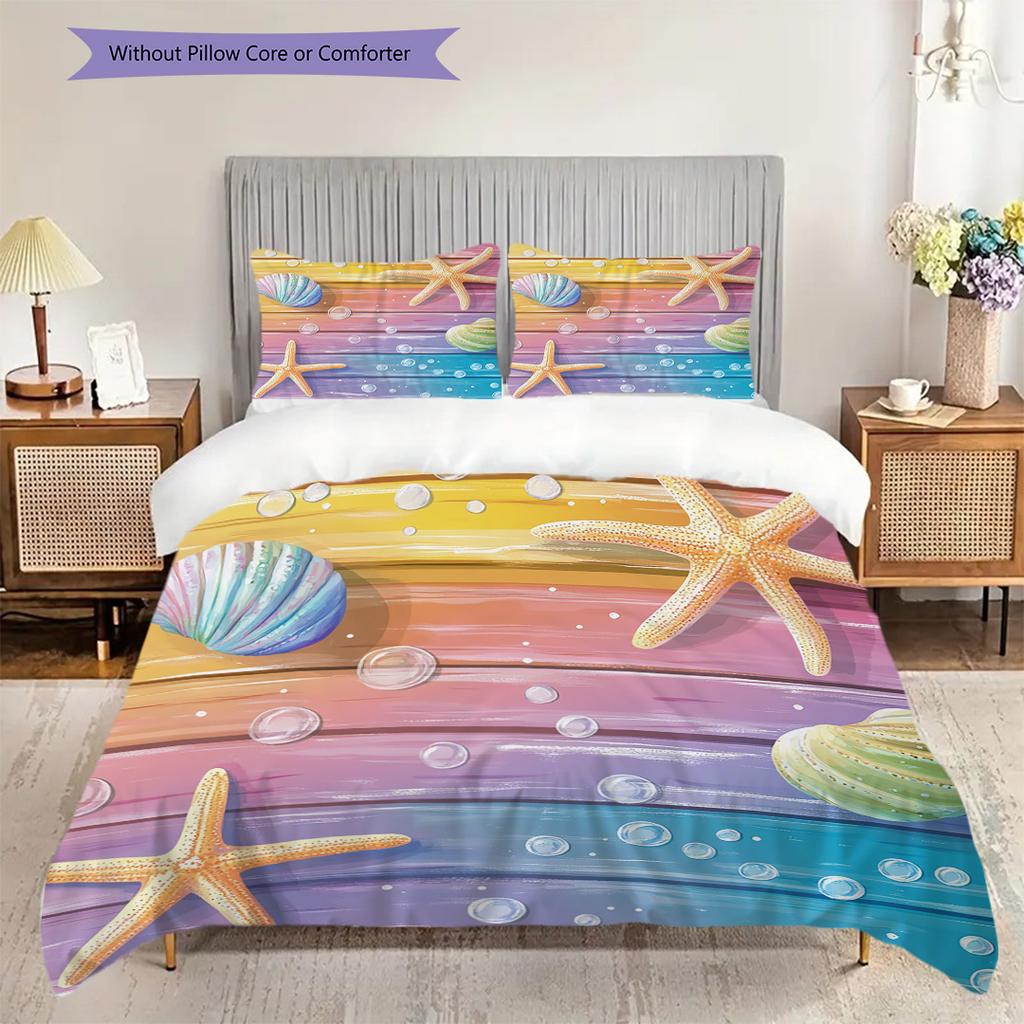 Starfish Shell Pattern Bedding Quilt Set Quilt Cover Pillowcase Home Decoration Birthday Gift (1 * duvet cover + 2 * pillowcase, without core)