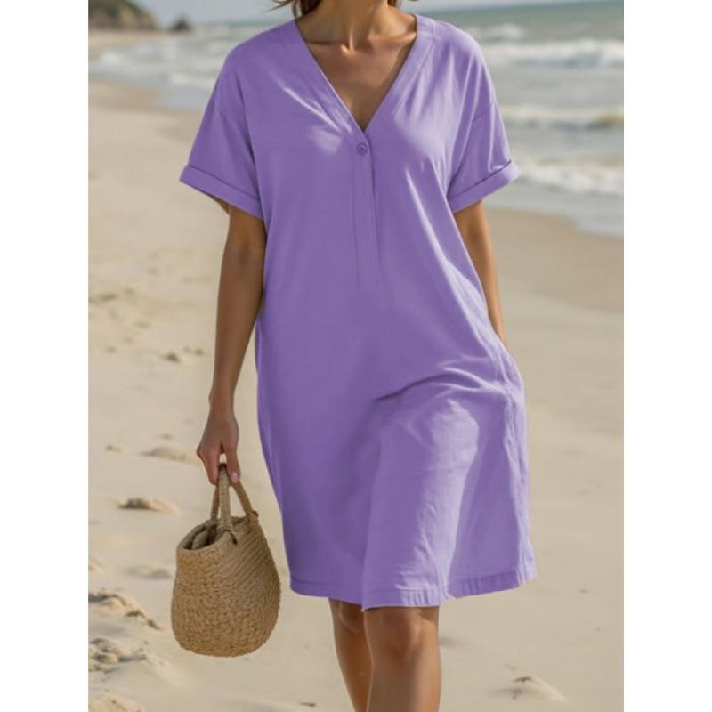 Cross-border new fashionable versatile women's casual solid color V-neck loose dress