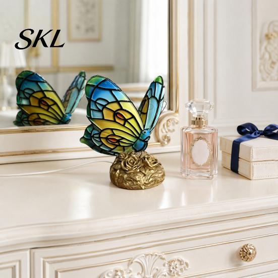 Study Desk Atmosphere Light Cute Bedside Table Lamp, Butterfly Rose Nightstand Lamps, Stained Glass Aged Bronze Carving Lamp Wing Shade, Bedroom Decor