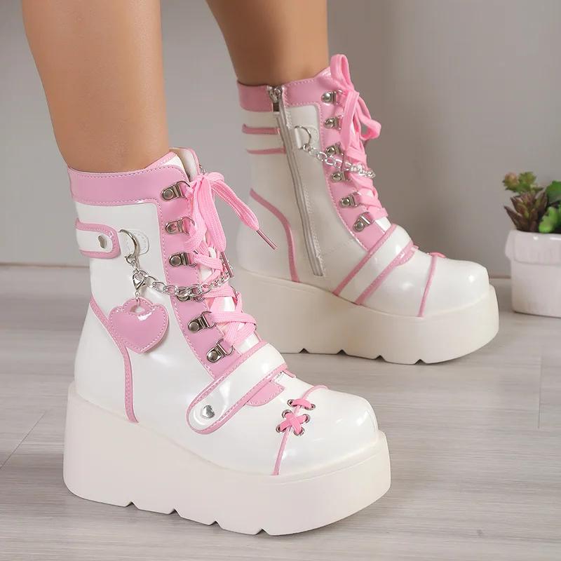 Fashion New Gothic Platform Shoes Women's Boots Vampire Role Play Womens Mid-calf Boots Lace Up Wedges Punk Style Botines Para Mujeres