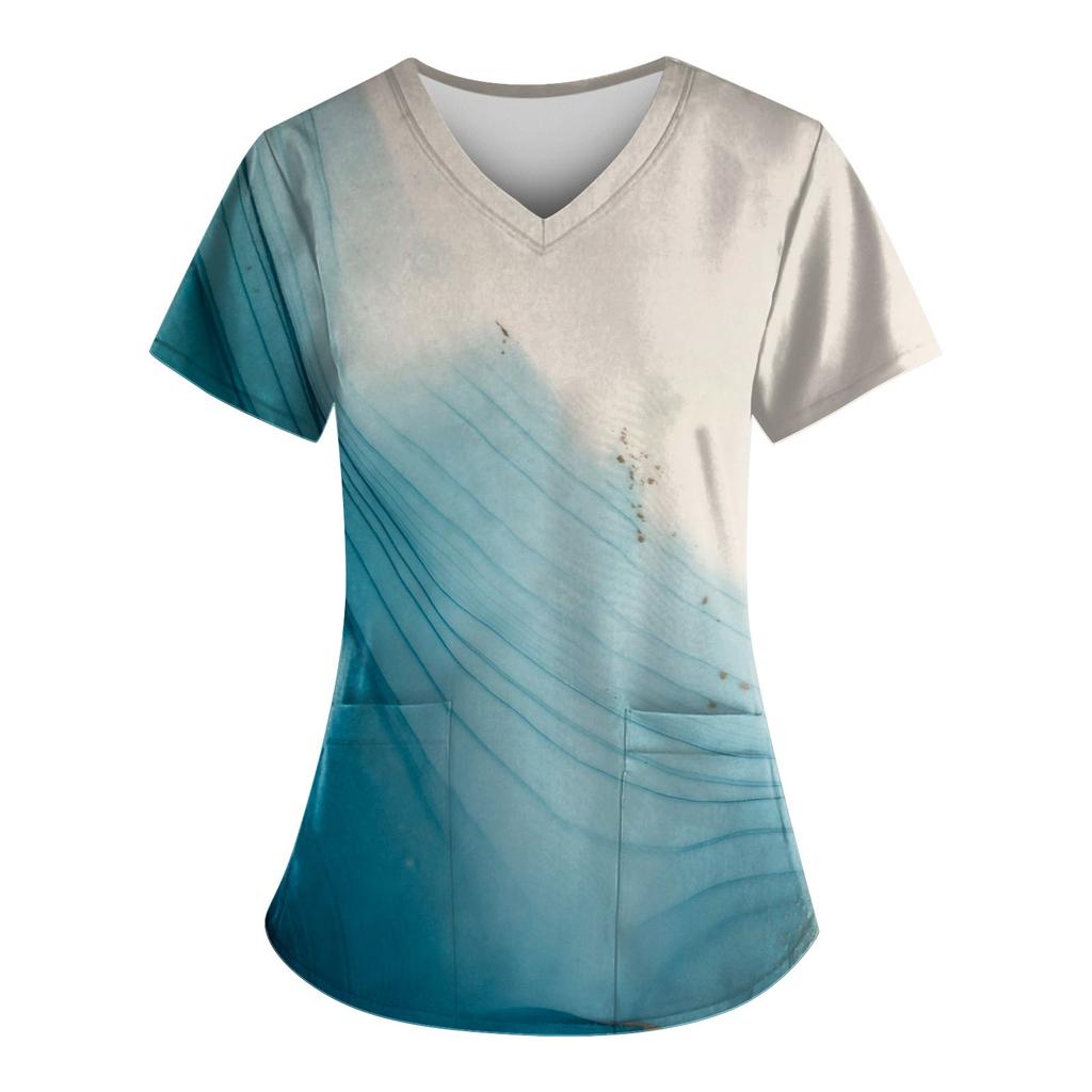 Женская мода, рабочая одежда с v-образным вырезом, короткими рукавами и карманами, топы с принтом, летние топы для женщин