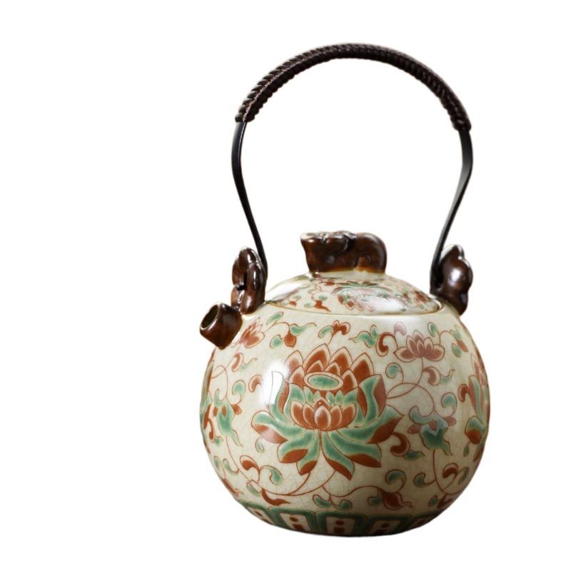 BEPAN 1PC Chinese Style Lotus Jackpot Ceramic Anti-scalding Teapot Kung Fu Household Tea Set with Gifts and Household Items