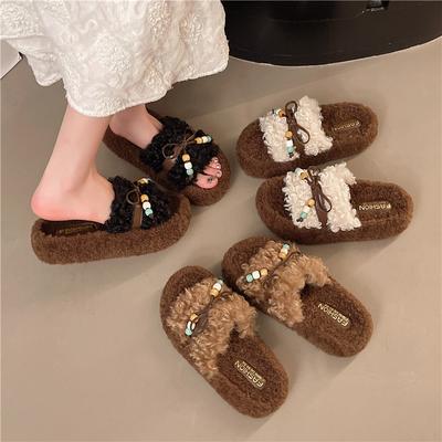 Корейские женские тапочки на толстой подошве и с пушистой отделкой, для ношения в 2025 году, новые осенне-зимние хлопковые тапочки мягкой подошвой и в сочетающейся расцветке