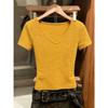 Yellow V-neck front shoulder short-sleeved T-shirt women's summer design sense niche slim and thin short