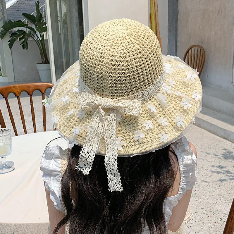 Летняя кружевная шляпа от солнца с цветочным бантом и ажурным узором, детская, для отпуска, пляжная, для фото, для пожилых, соломенная шляпа
