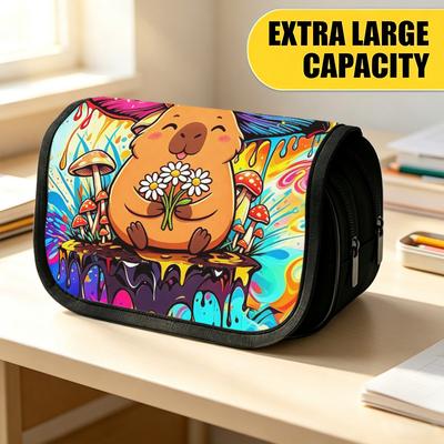 Double Layer Large Pencil Case, Vibrant Printed Pencil Pouch with MUSHROOM CAPYBAR Design, Fashion Storage Bag, Portable Pencil Case with Zipper, Dura