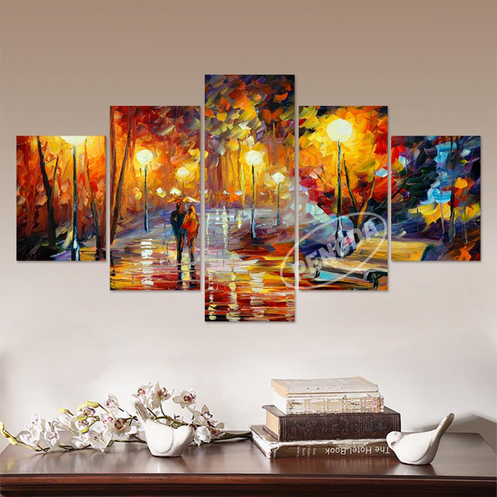 Печать на холсте, постер, домашний декор, настенное искусство, 5 шт., «Прогулка под дождем», ночной пейзаж, абстрактные цветные картины с деревом