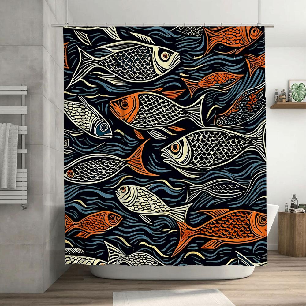 Colorful Fish Pattern Shower Curtain Navy Blue Orange Decorative Waterproof Fabric Bath Liner for Home Bathroom Accessory Decora