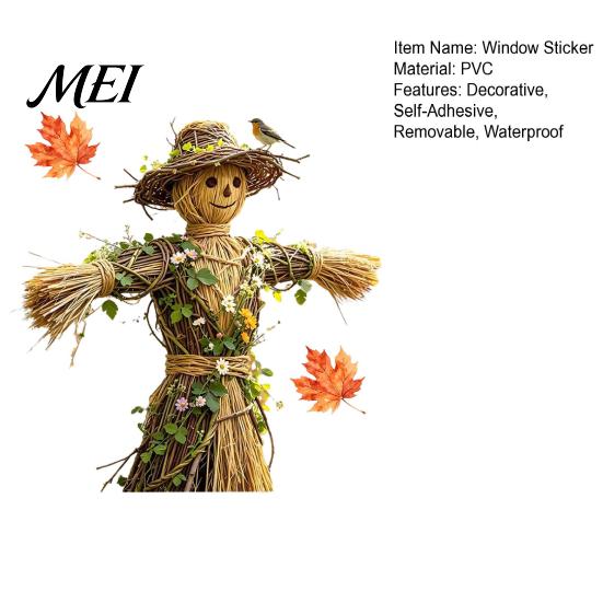 Autumnal Home Embellishment Scarecrow Window Stickers with Realistic Maple Leaf, Pastoral Decals, Waterproof Holiday Party Ornament PVC Static Clings