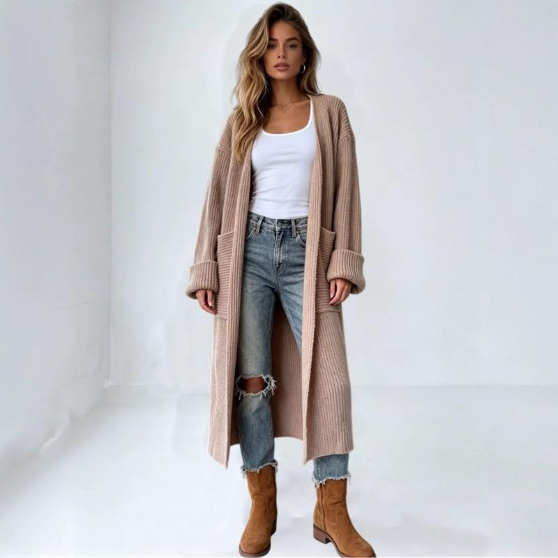 Oversized Longline Knit Cardigan With Front Pockets Roll-Up Sleeves V-Neck Loose Fit Warm Winter Sweater