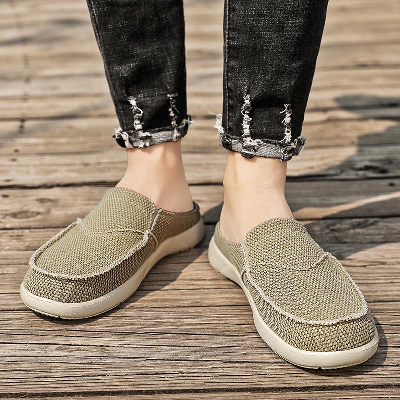 Мужские сандалии цвета хаки, тапочки без застежек, повседневная парусиновая обувь, летняя тканевая обувь больших размеров, легкая