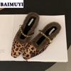 Меховые леопардовые женские мюли-тапочки с квадратным носком 2025 года, модные новые туфли на низком каблуке с открытой пяткой, зимняя обувь для активного отдыха Mujer Zapatos