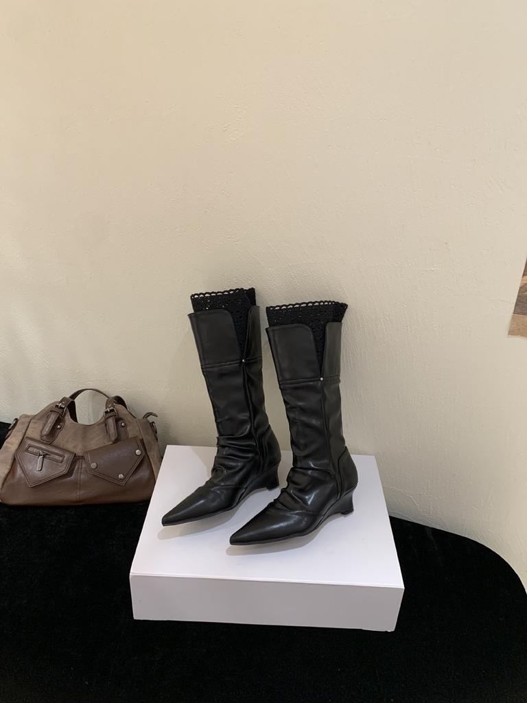 Wedge Heel Boots Children 2025 Autumn and Winter New Pointed Knight Boots Lace Becomes Knee High Boots