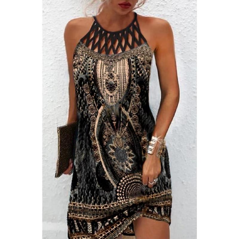 GMXIA National Style Positioning Print Mesh with Sleeveless Casual Dress for Women