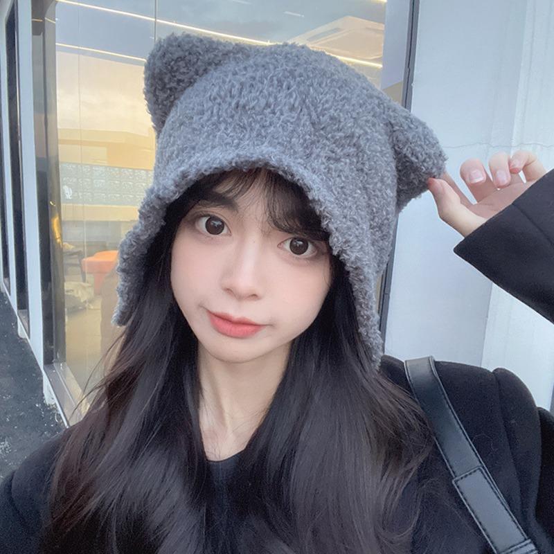 Женская шляпа Вязаная шляпа Большой обхват головы Ушки медвежонка